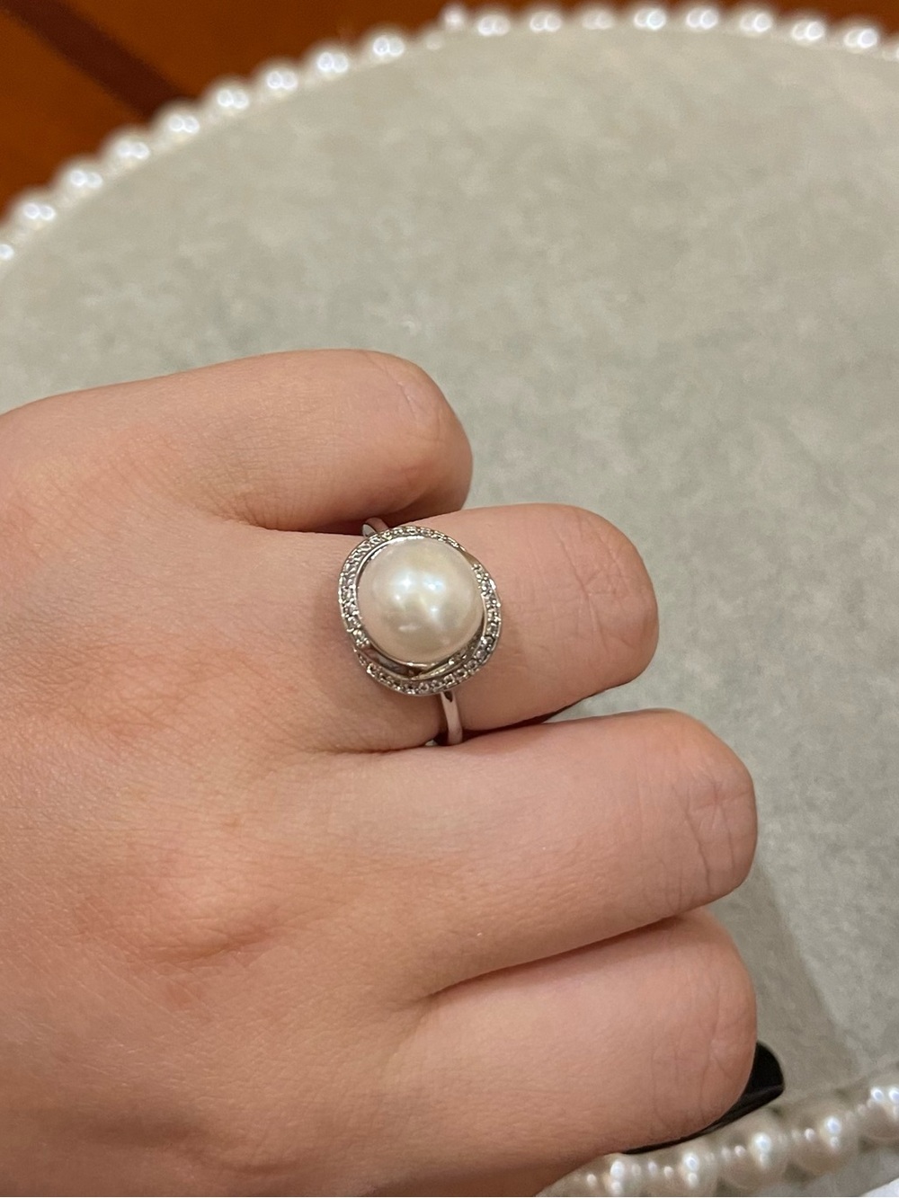 Silver-tone Natural Pearl Halo Ring - White Pearl 19